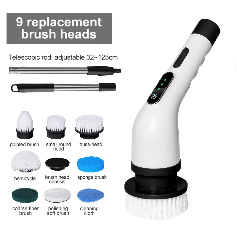 Electric Spin Scrubber Cordless Cleaning Brush With 9 Replaceable Brush Heads Adjustable Extension Handle for Bathroom
