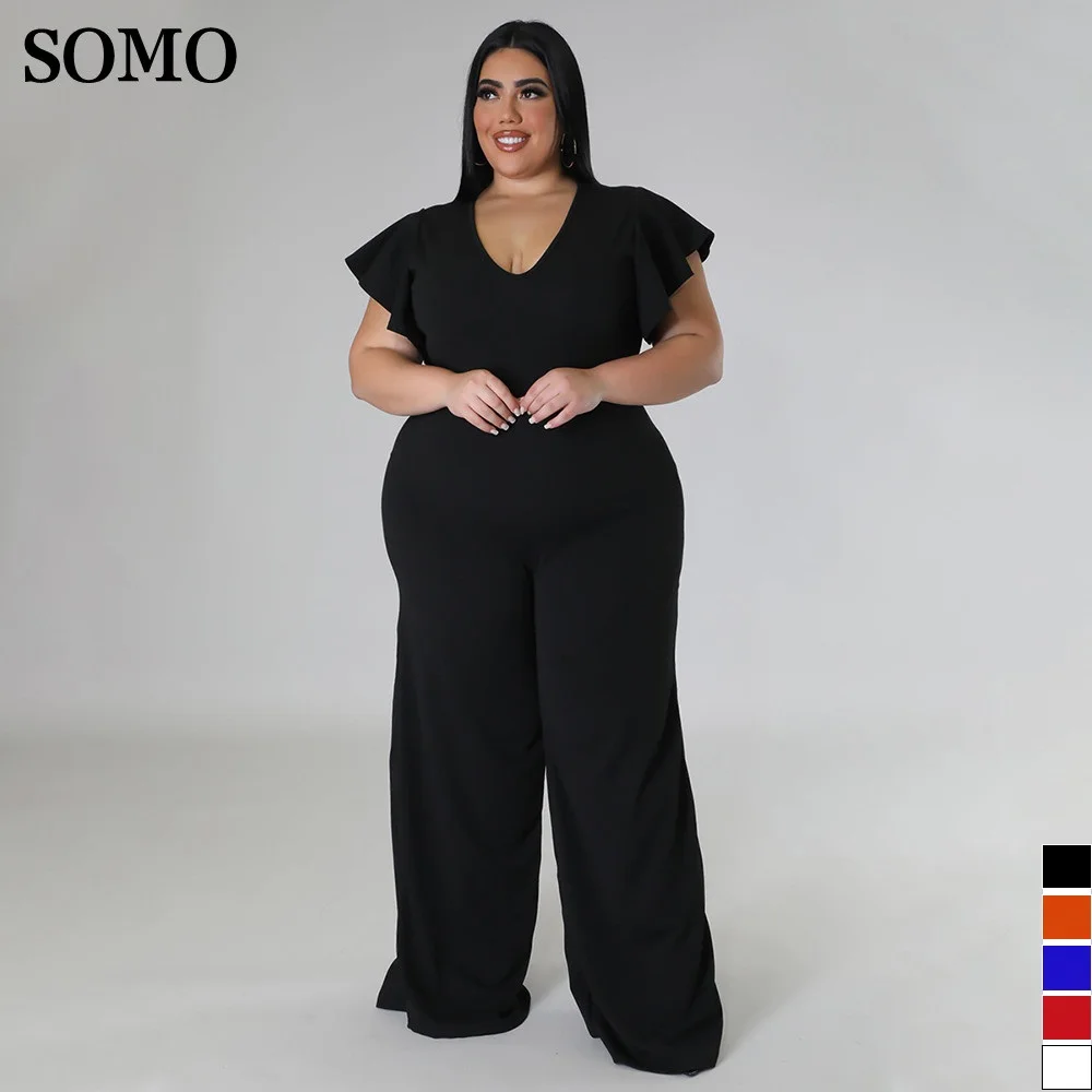 

SOMO Plus Size Elegant Ruffles Sleeve Jumpsuits Wide Leg Pants for Women One Piece Outfit V Neck Rompers Wholesale Dropshipping