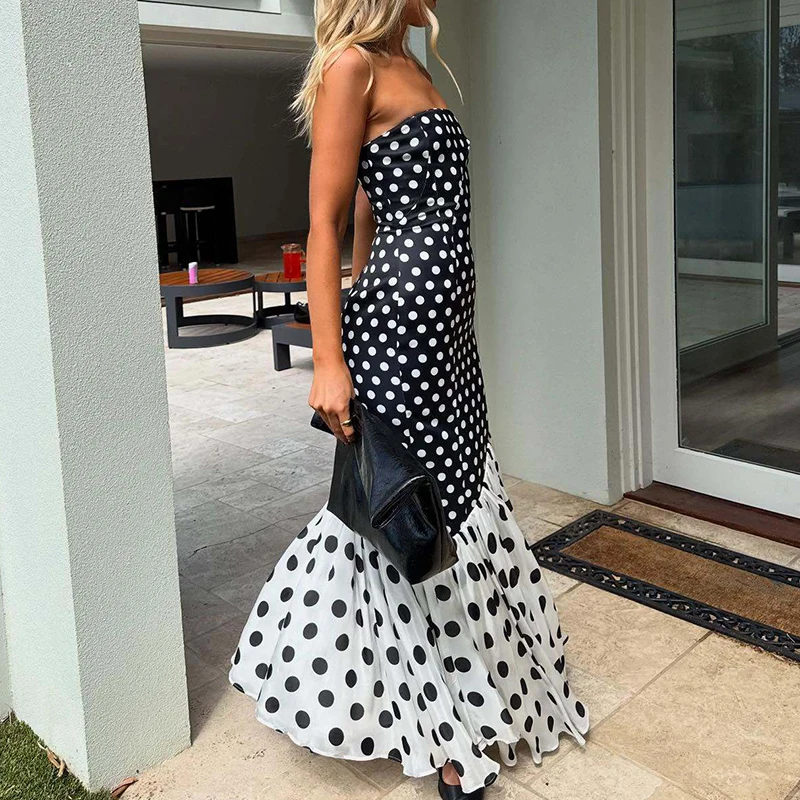 

Сексуальное длинное платье без бретелек с принтом в горошек, женское модное праздничное платье с открытыми плечами и высокой талией, летние пляжные повседневные платья без рукавов