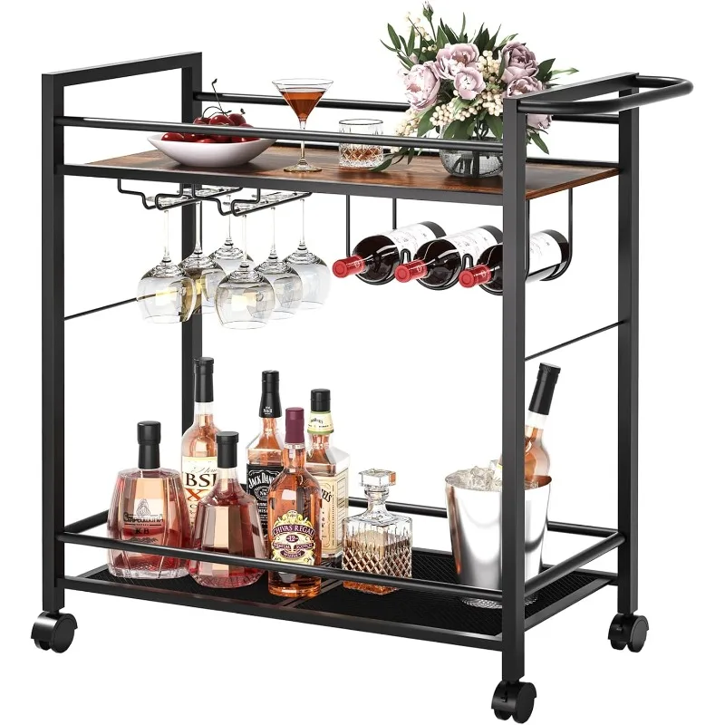 Bar Cart,Home Bar Serving Cart with Storage Shelves, 2 Tier Rolling Beverage Cart with Wheels, Modern Wine Cart with Wine Rack