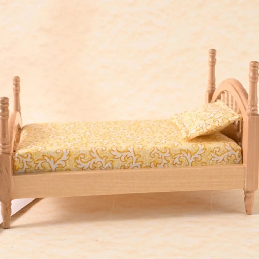 

Children Gift 1:12 Dollhouse Wood Bed Bedroom Model Living Miniature Wood Bed Floral Scene Decor Simulation Single Bed Kids Toy
