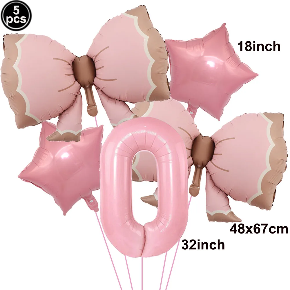 Pink and Bule Bow Decor 32inch 1-9 Number Foil Balloons Set Bow Theme Party Decors for Kid's Girls Birthday Party Decor Supplies