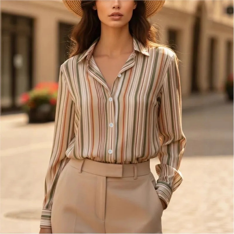 

Elegant Temperament Women Blouse Tops 2026 Spring Long Sleeve Stripe Print Single-breasted Office Lady Slim Fit Shirt Work