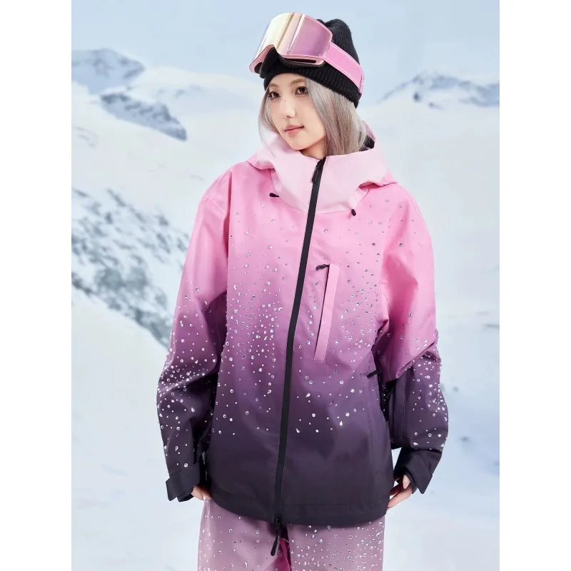 Unisex Gradient Rhinestone-Embellished Ski Suit Set, Waterproof Windproof Insulated Jacket & Bib Pants view 3