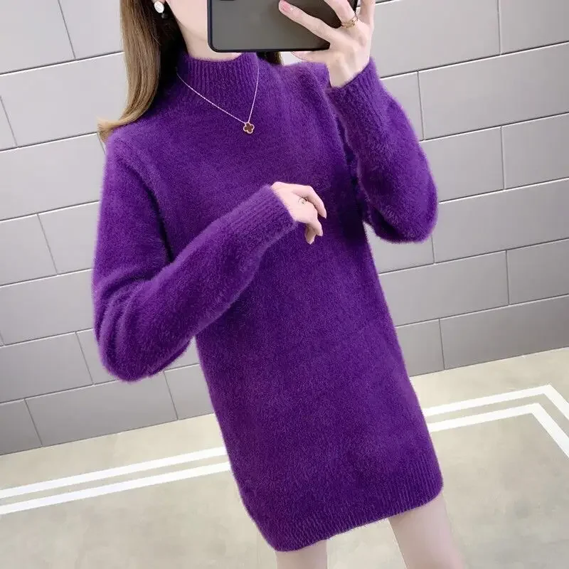 Średniej długości sweter z kaszmiru z norek damski wąski sweter z dzianiny jesienno-zimowa jednokolorowa półgolf z długim rękawem topy damskie