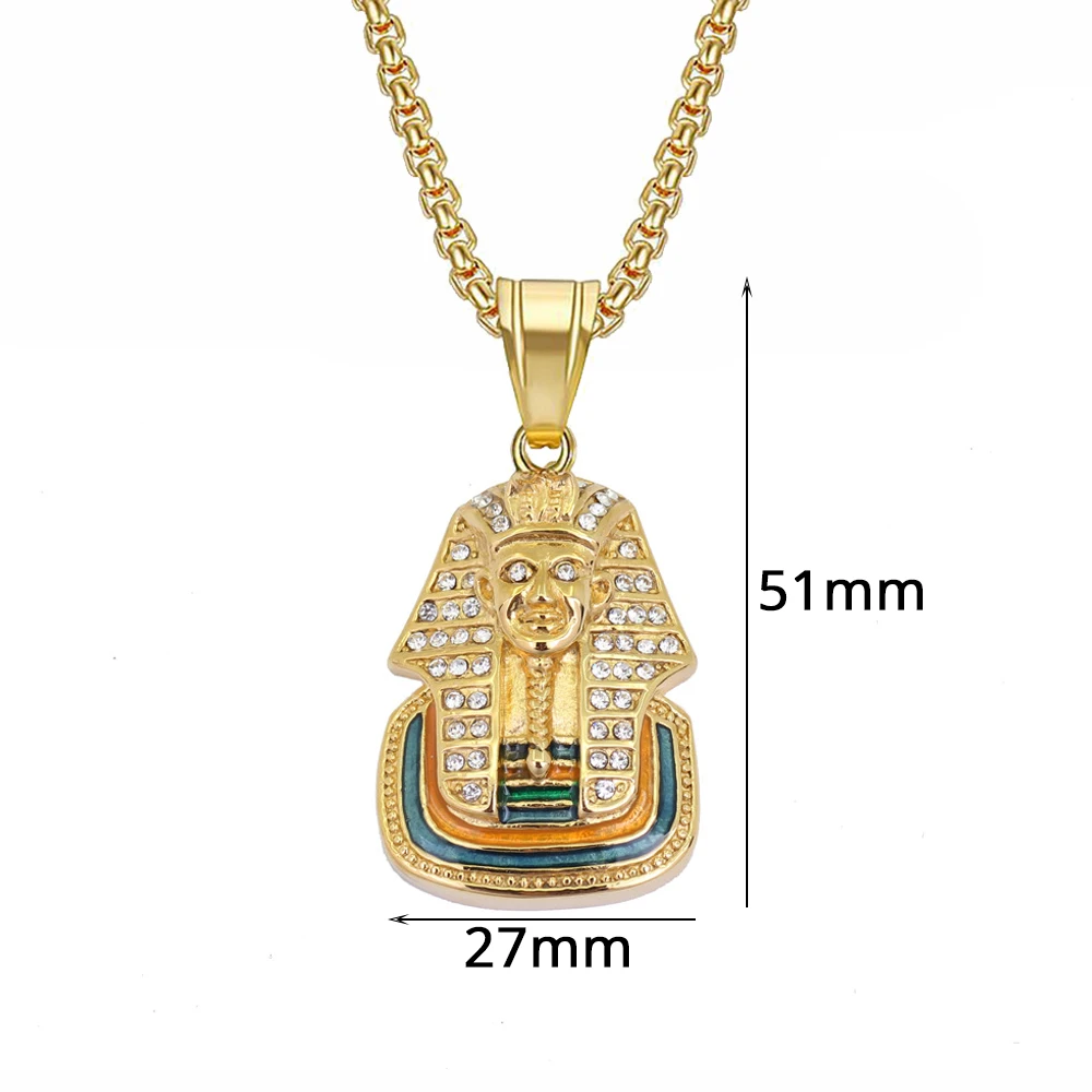 Egyptian Iced Out Bling Pharaoh Pendant Necklaces Male Gold Color Stainless Steel Necklace For Women Men Egypt Jewelry Gift