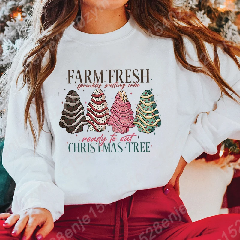 Fashion Farm Fresh Christmas Tree Print Sweatshirt For Women Autumn And Winter Casual Tops Ladies Round Neck Hoodeless Pullovers