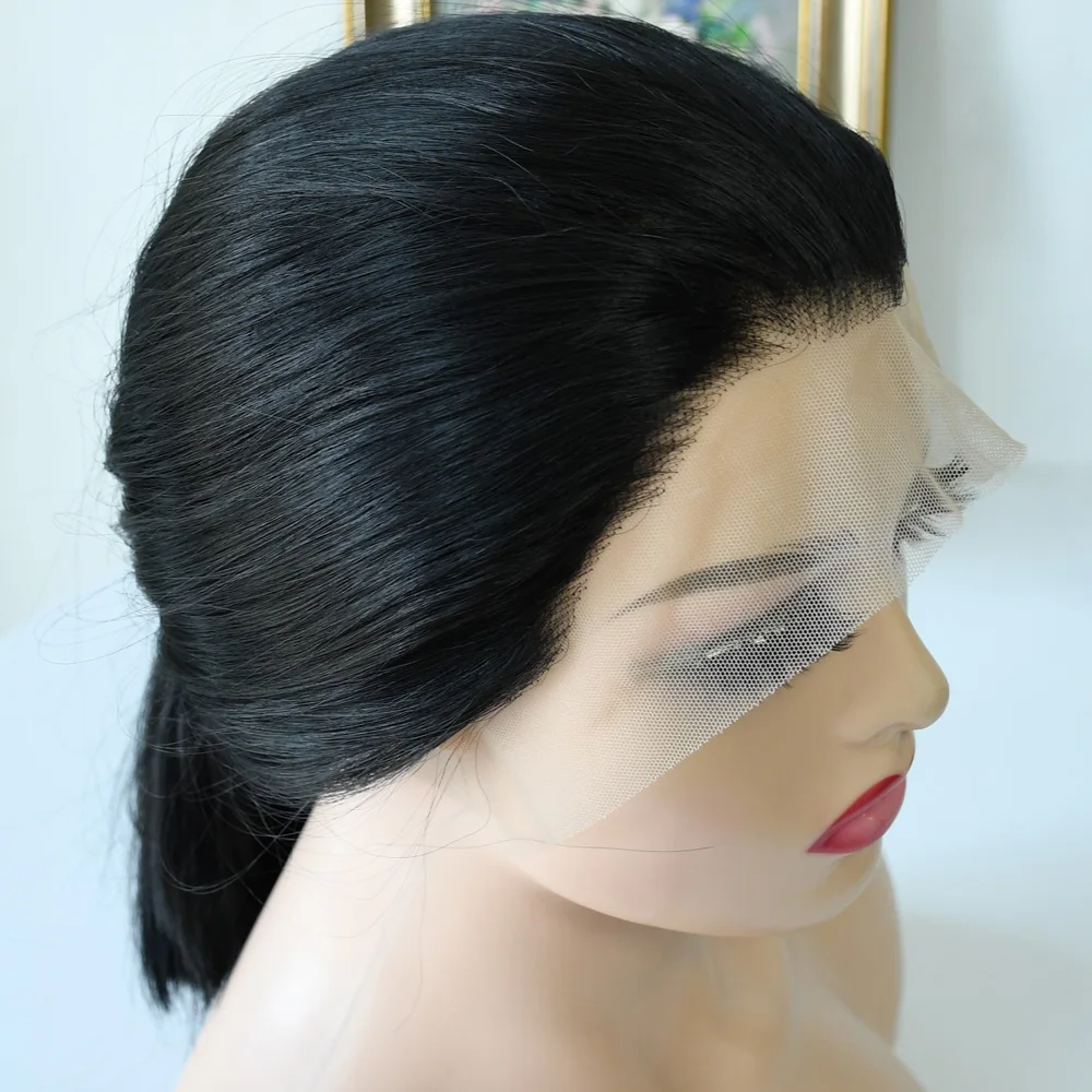 14-дюймовый короткий прямой парик Боб 13x4, прозрачный кружевной фронтальный парик, бразильские предварительно выщипанные парики спереди, синтетический бесклеевой парик