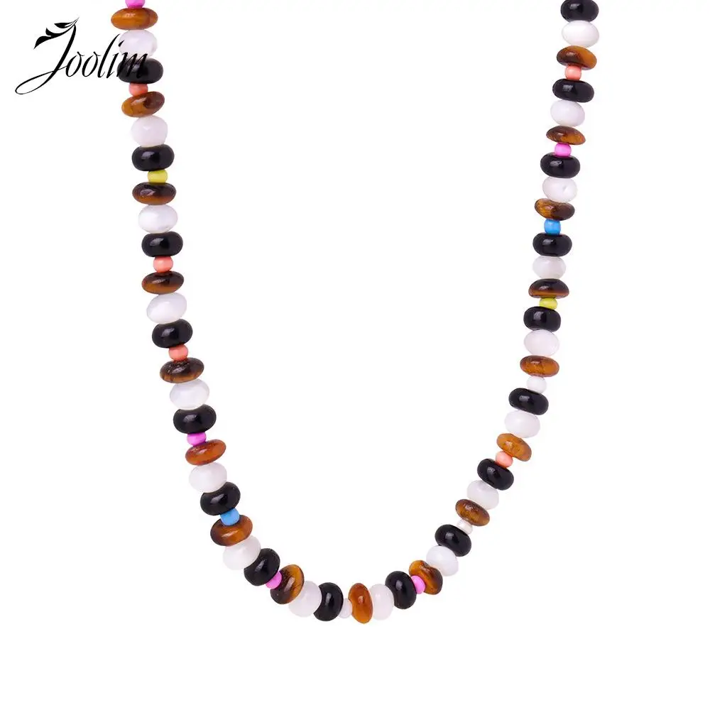 

Joolim Jewelry Wholesale No Fade Permanent Retro Tiger Eye Stone Color Mixed Handmade Beaded Stainless Steel Necklace for Women