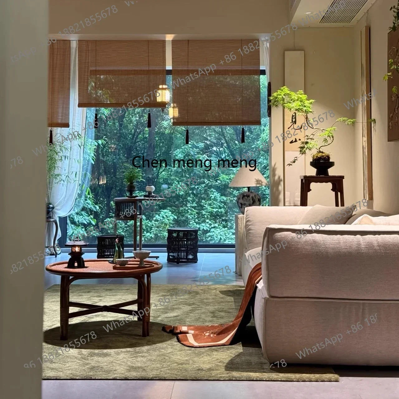 zA68Medieval Wabi Sansan Fenglifa B & B Living room Small apartment Straight row three-person fabric minimalist sofa