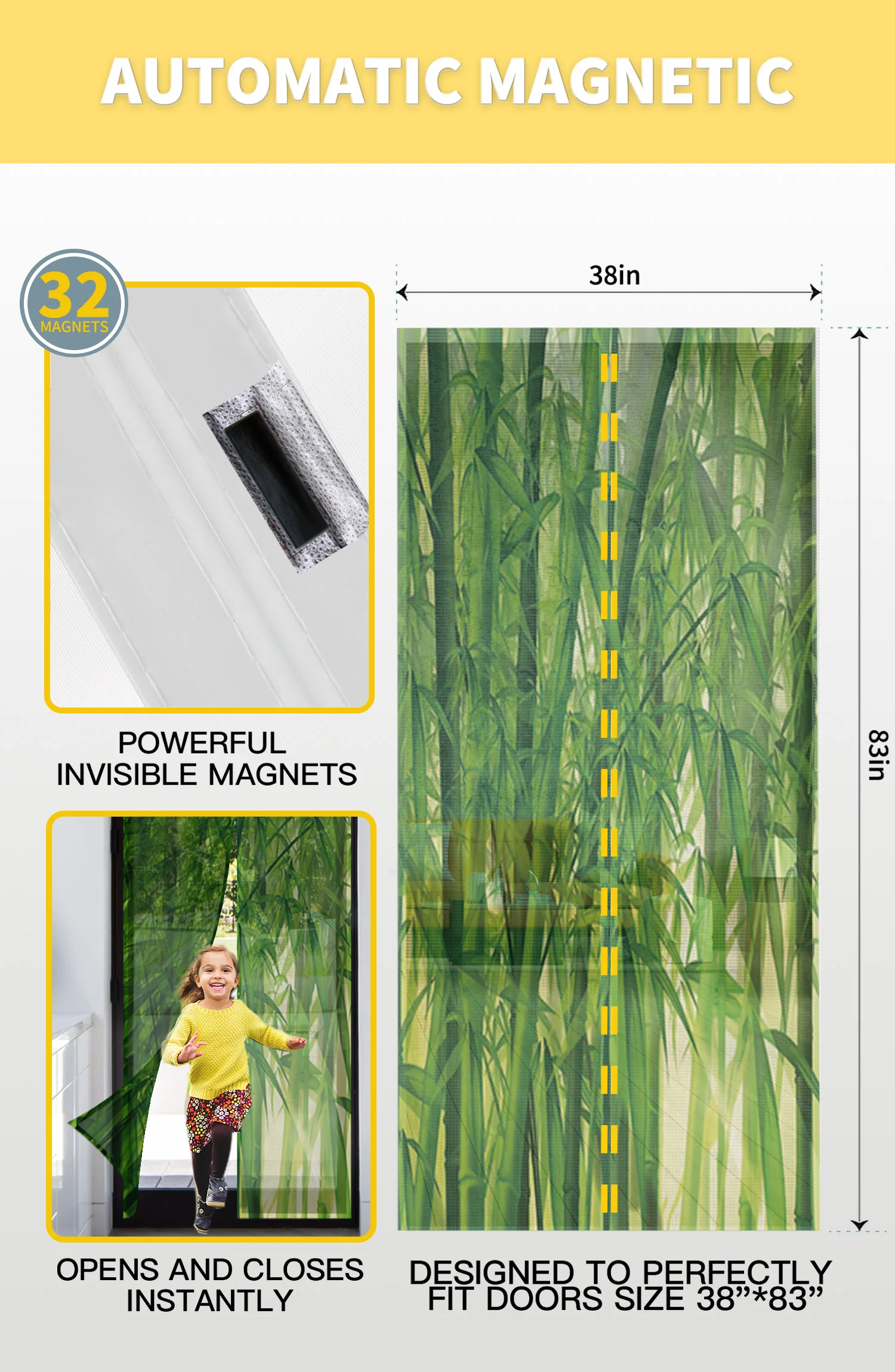 Green Bamboo Forest Door Curtain Bedroom Magnetic Mosquito Screen Kitchen Insect Proof Window Mosquito Net