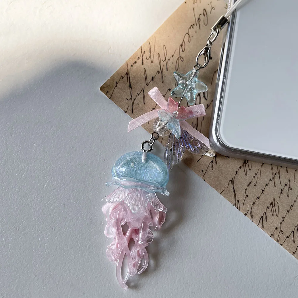 Blue Pink Jellyfish Phone Charm Starfish Mermaid Fishtail Bow Bead Fairycore Keychain Wallet Schoolbag Car Key Decor Jewelry view 3