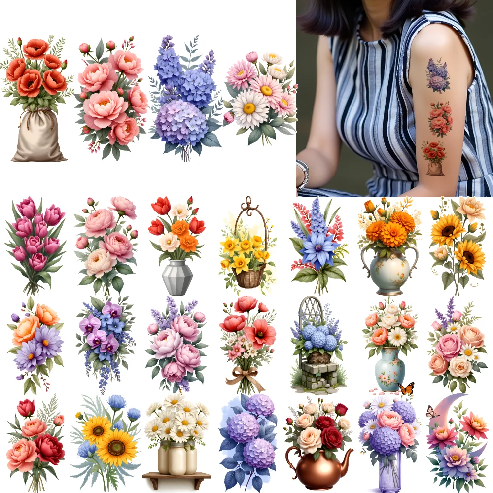 

9pcs Temporary Tattoo Bouquet Design Waterproof Long-lasting Body Stickers Floral Arrangement Flower Vases For Children Cheeks