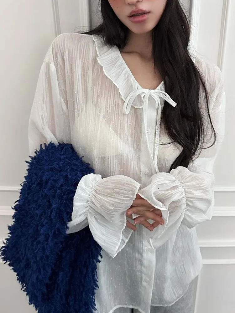 

Chic Early Spring Long Sve Women's irt New ular Item Translucent Design Sweet Top Korean Sle Straight Cut