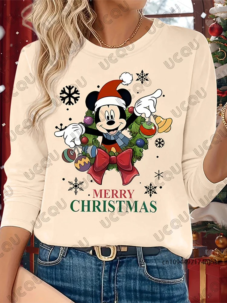 Świąteczna, urocza koszulka z długim rękawem z nadrukiem Disneya, Myszki Miki i Minnie dla kobiet, jesienna, codzienna koszulka z okrągłym dekoltem, oversize, dla par, topy w stylu Y2K.