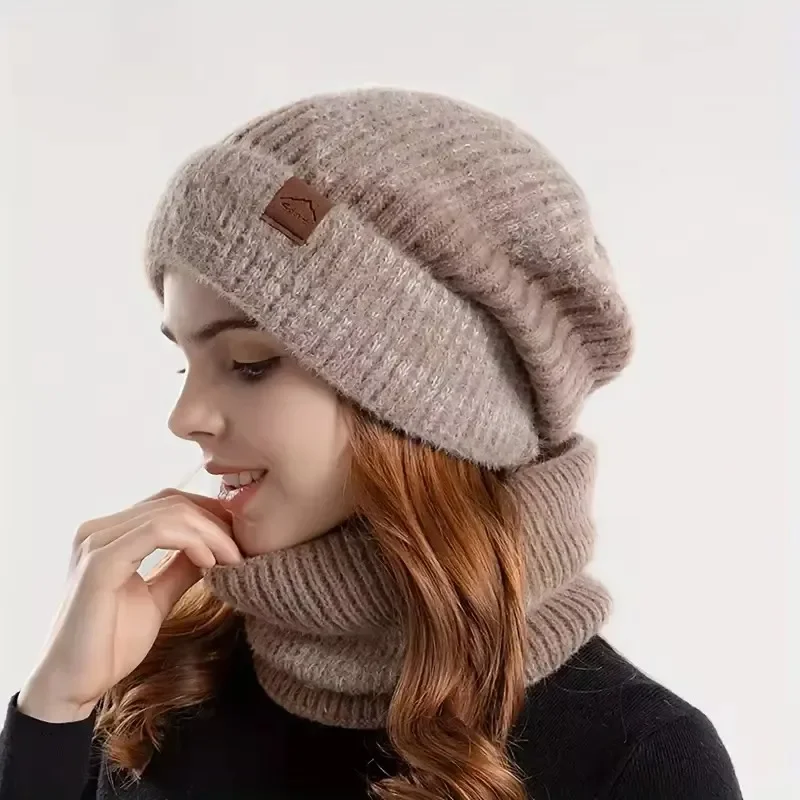 Chapéu feminino de malha de dois tons com babador de veludo, gorro engrossado, protetor de orelha quente, aniversário, dia dos namorados, inverno