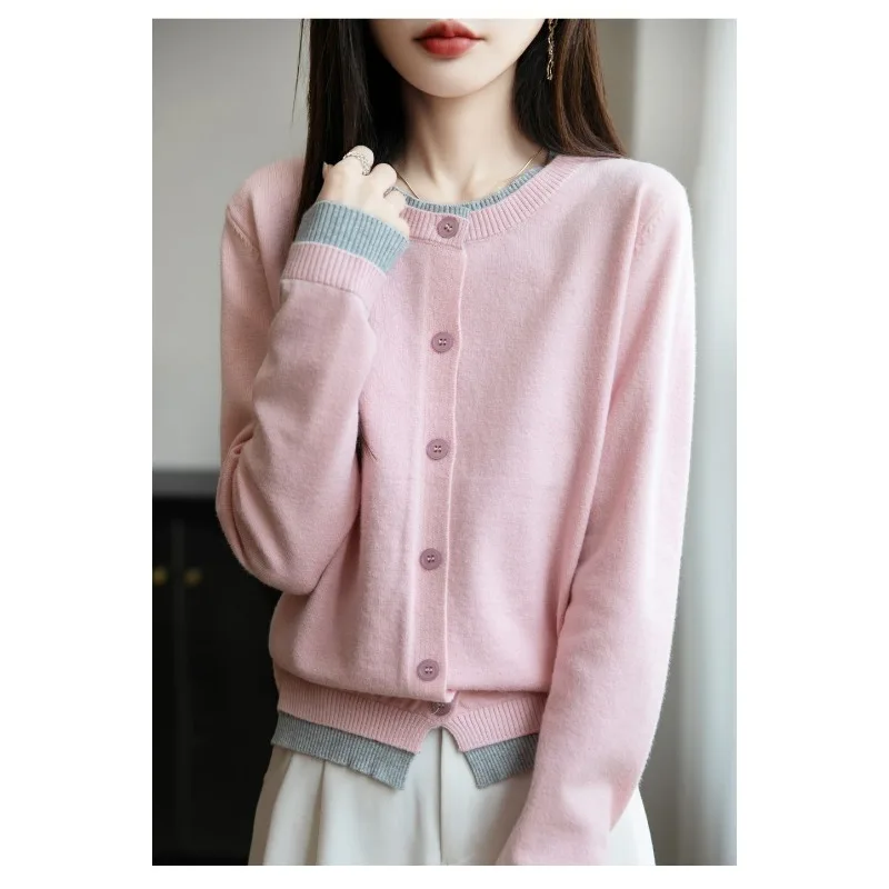 フレンチコントラストフェイクツーピースニットカーディガンレディースショートコートセーターファッショントップ