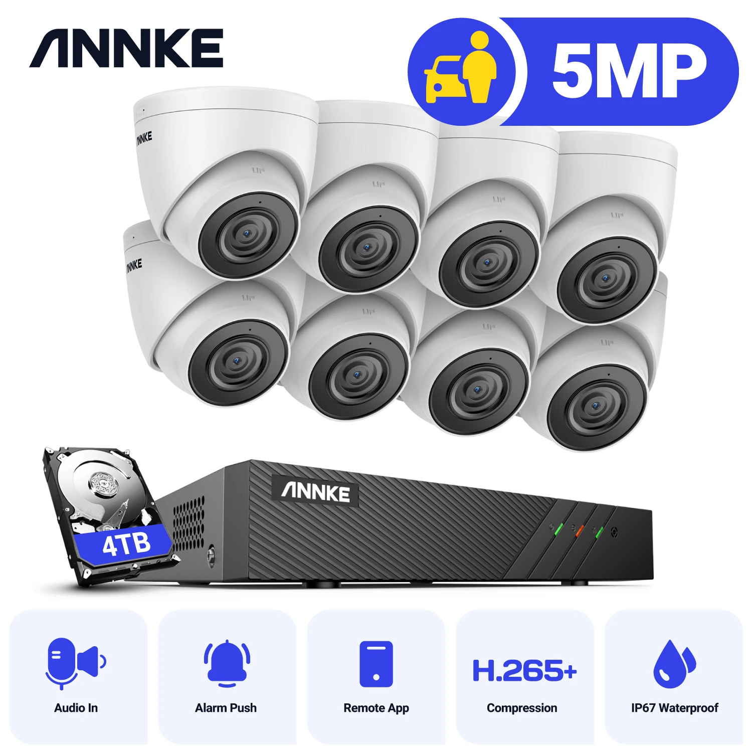 ANNKE 5MP H.265+ Super HD PoE Network Video Security System 8pcs Waterproof Outdoor POE IP Cameras White Dome PoE Camera Kit