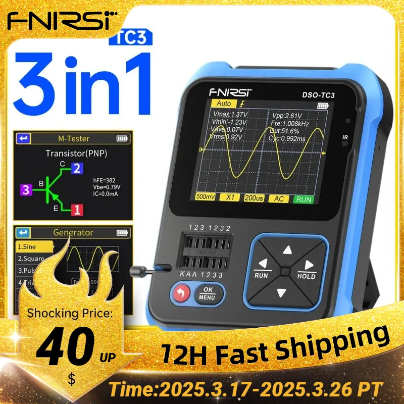 FNIRSI DSO-TC3 Digital Oscilloscope Transistor Tester Signal Generator 3 in1 500Khz 10MSa/s Capacitor Resistor Diode 100K output