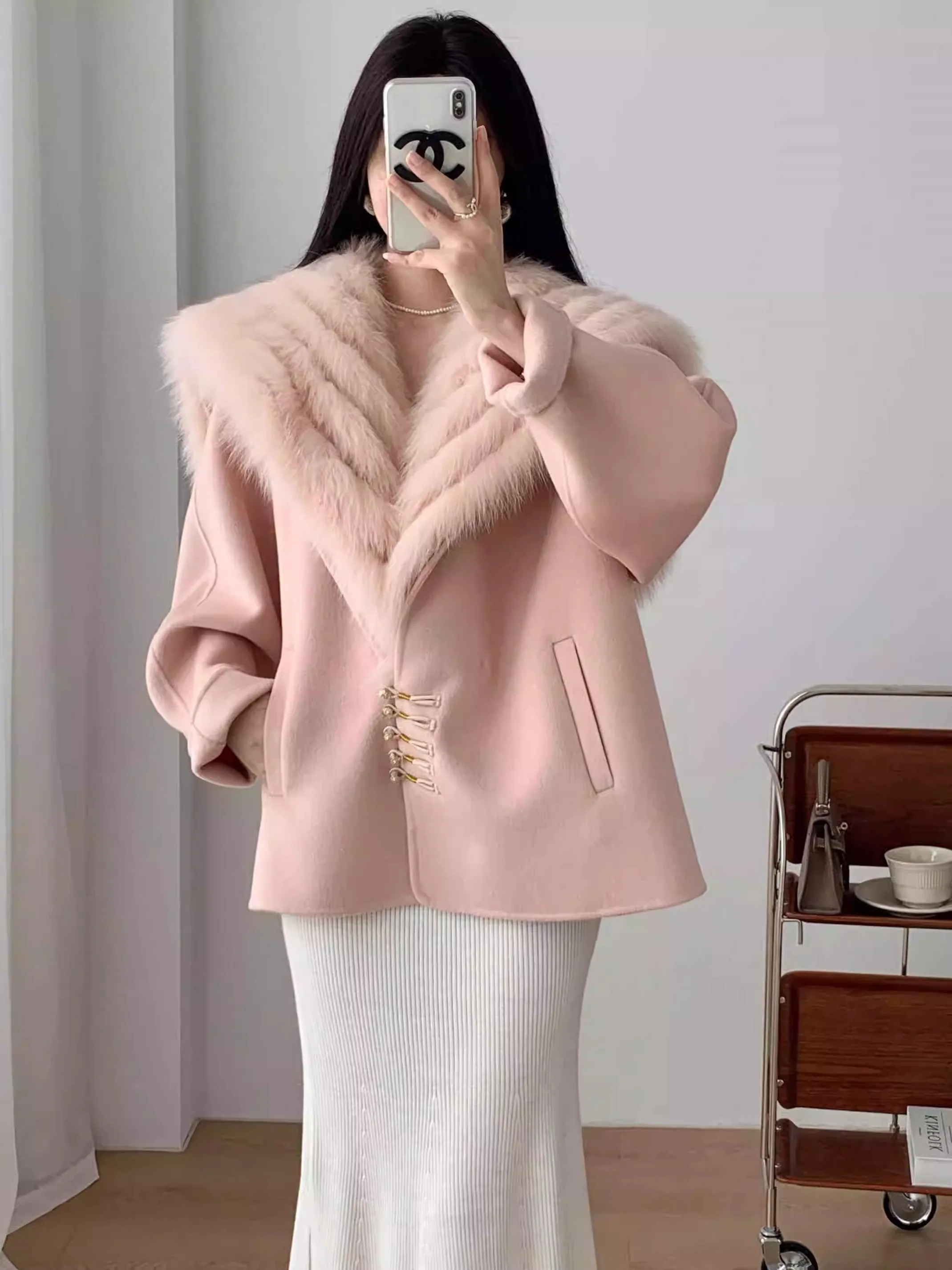 Manteau à Capuche en Fourrure de Renard group pour Femme, Vêtement d'Extérieur en Cachemire et Laine, à Manches sulf, Nouveau Style, 2024