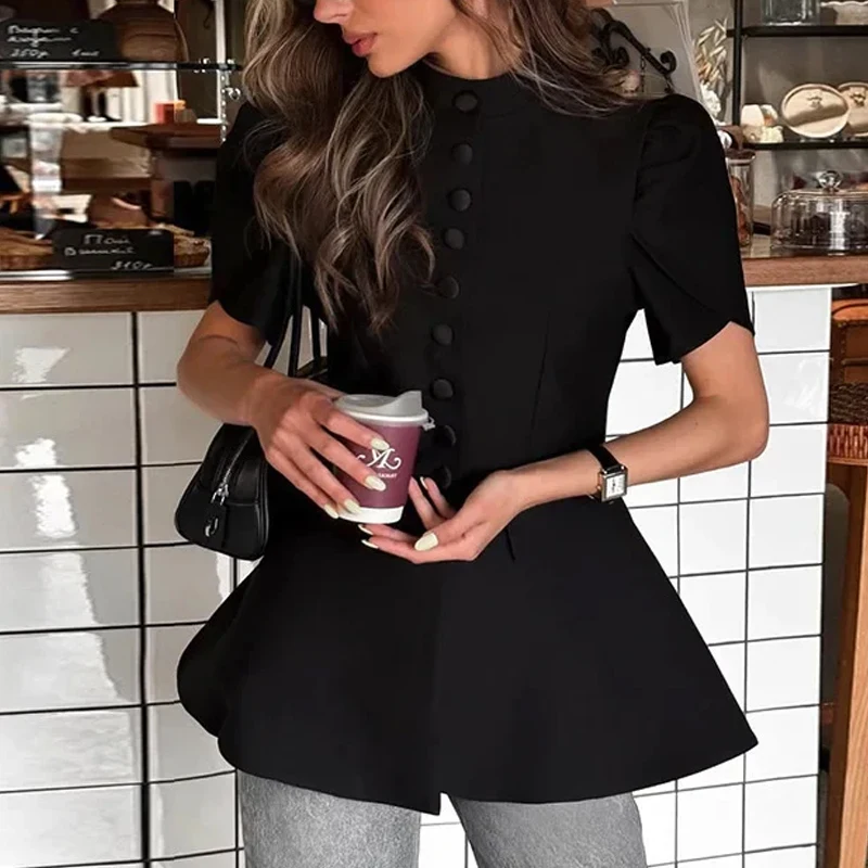 

Fashion Stand-up Collar Commuting Blouse Women Elegant Single-breasted Slimming Tops 2025 Casual Short Sleeve Solid Color Shirt