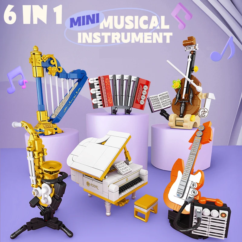 

MOC City 6 in 1 Mini Musical Instrument Building Blocks Piano Cello Guitar Harp Saxophone Accordion Model Bricks Toys for Kids