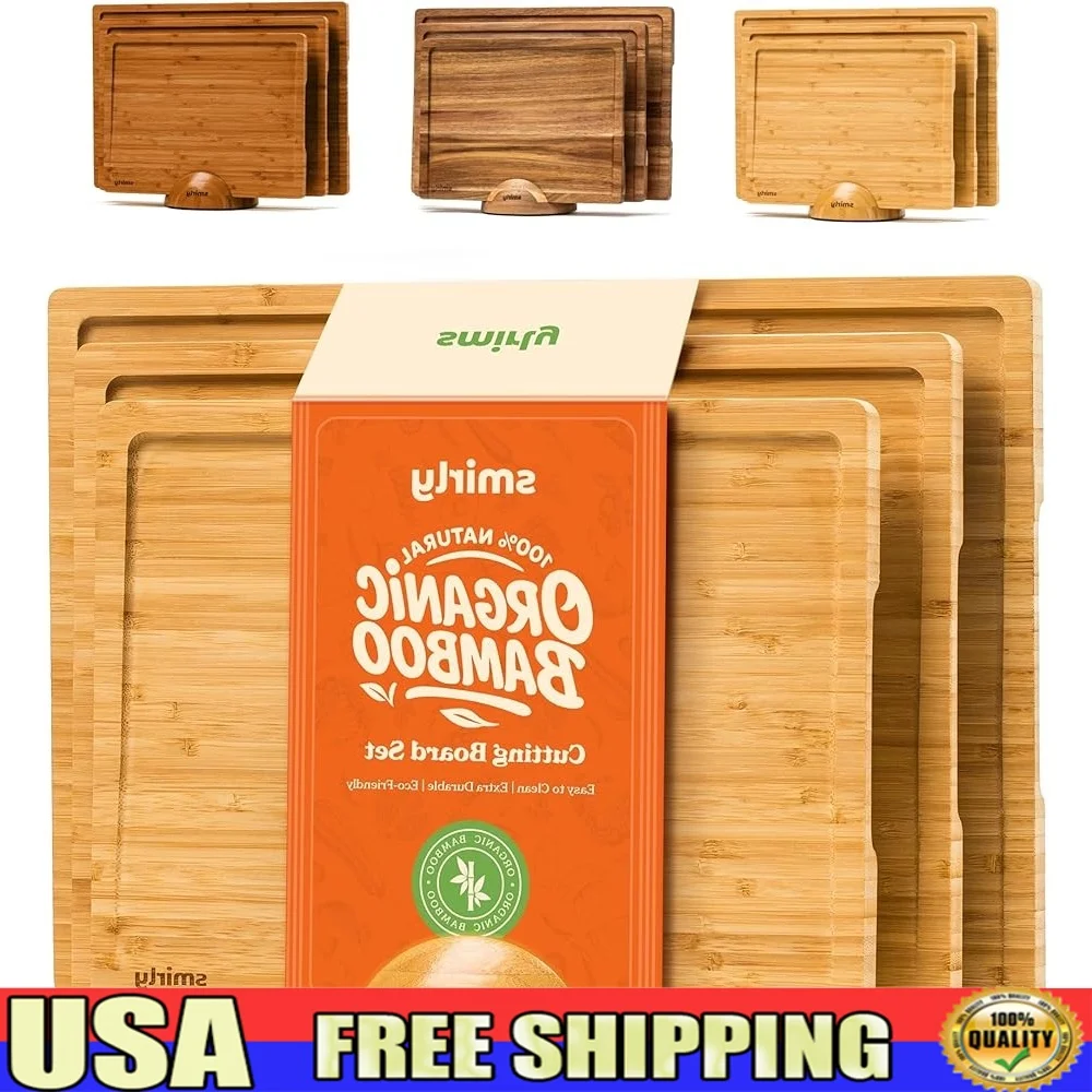 

3-Pack Bamboo Cutting Boards with Holder Kitchen Chopping Board Set Serving Charcuterie Non-Slip Durable Ergonomic Wooden Boards