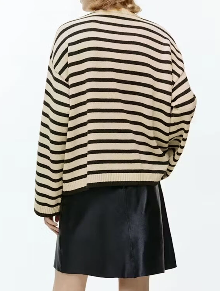 Fashion Striped Button Design Knit Sweater for Women Sweater Women Trends 2025 Crew Neck Casual Pullover for Winter & Fall