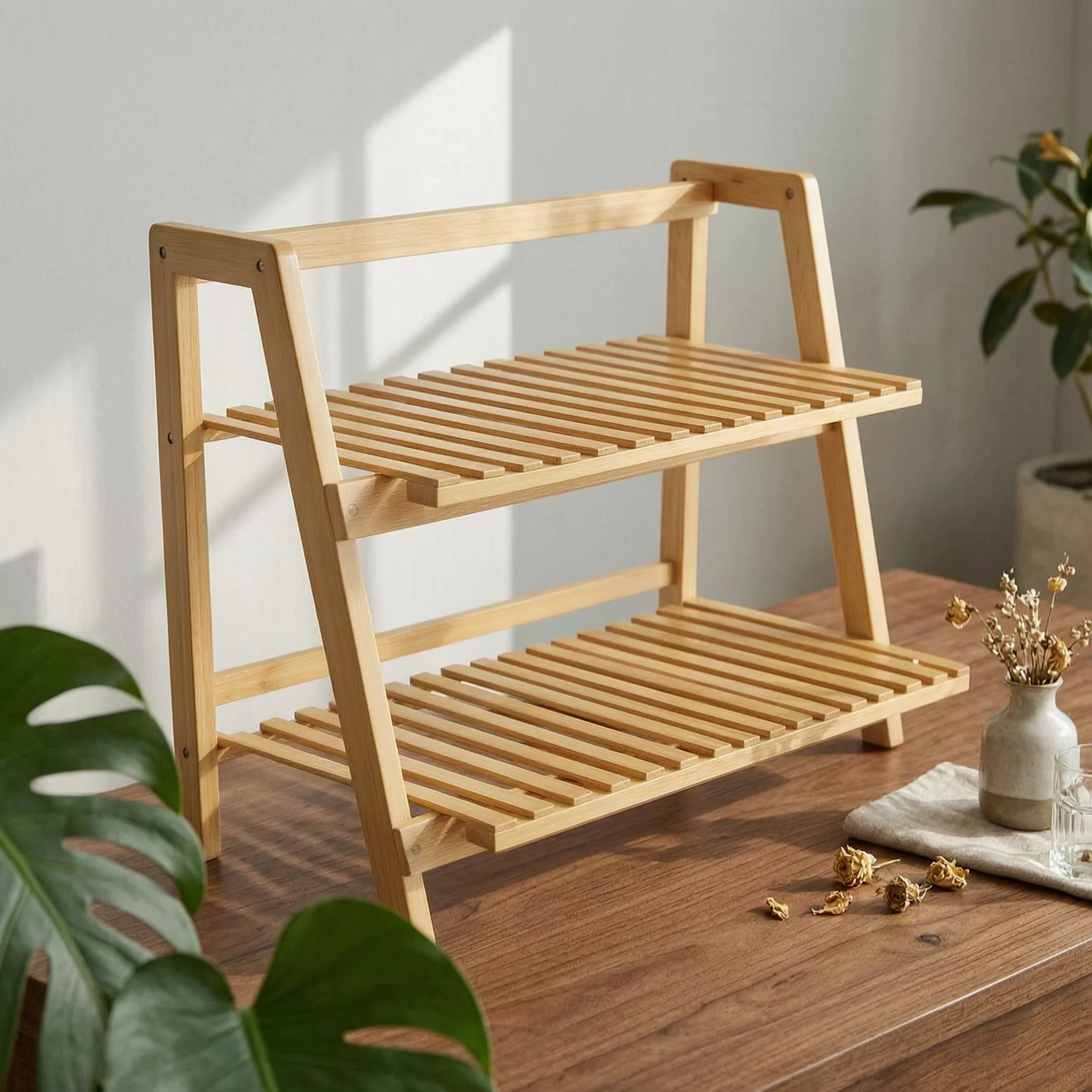 Folding Plant Stand Wooden Flower Rack Shelving Unit Slatted Furniture V-Shaped Frame for Gardeners, Living Room, Balcony