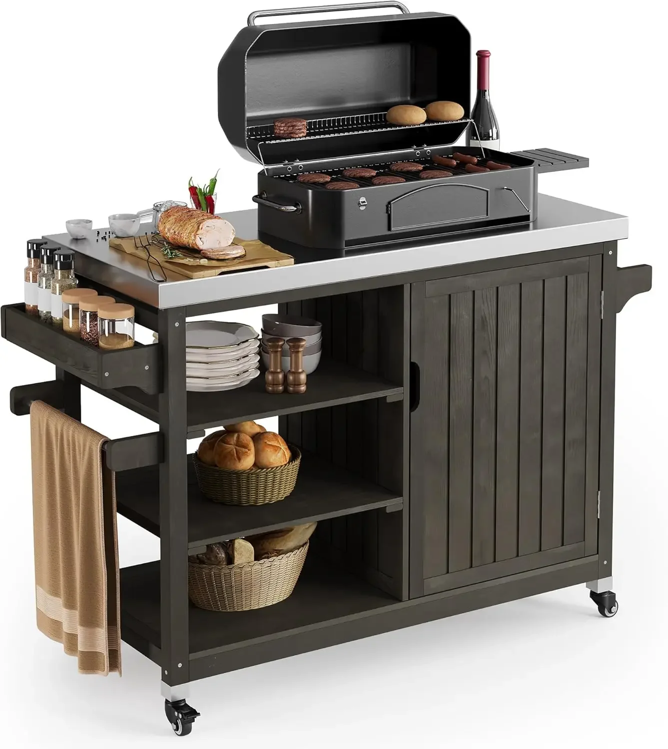 XL Solid Wood Outdoor Grill Cart Storage Cabinet with Stainless Steel Table Top and Spice Rack, 53.74’’ L x 20.27’’ W