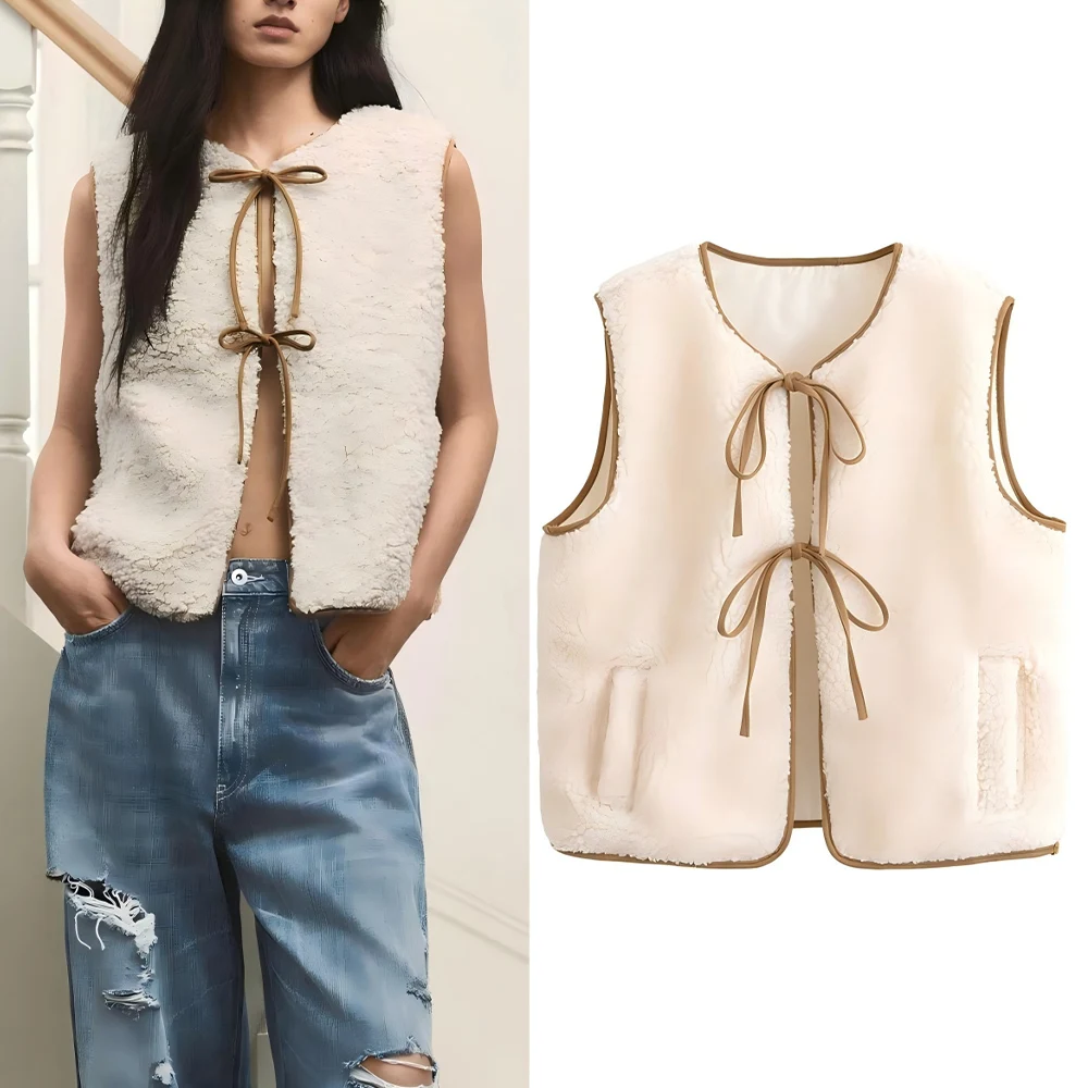 

Women's new fashion bow Lace up decoration contrasting color suede lambswool vest retro sleeveless pocket women's vest chic top