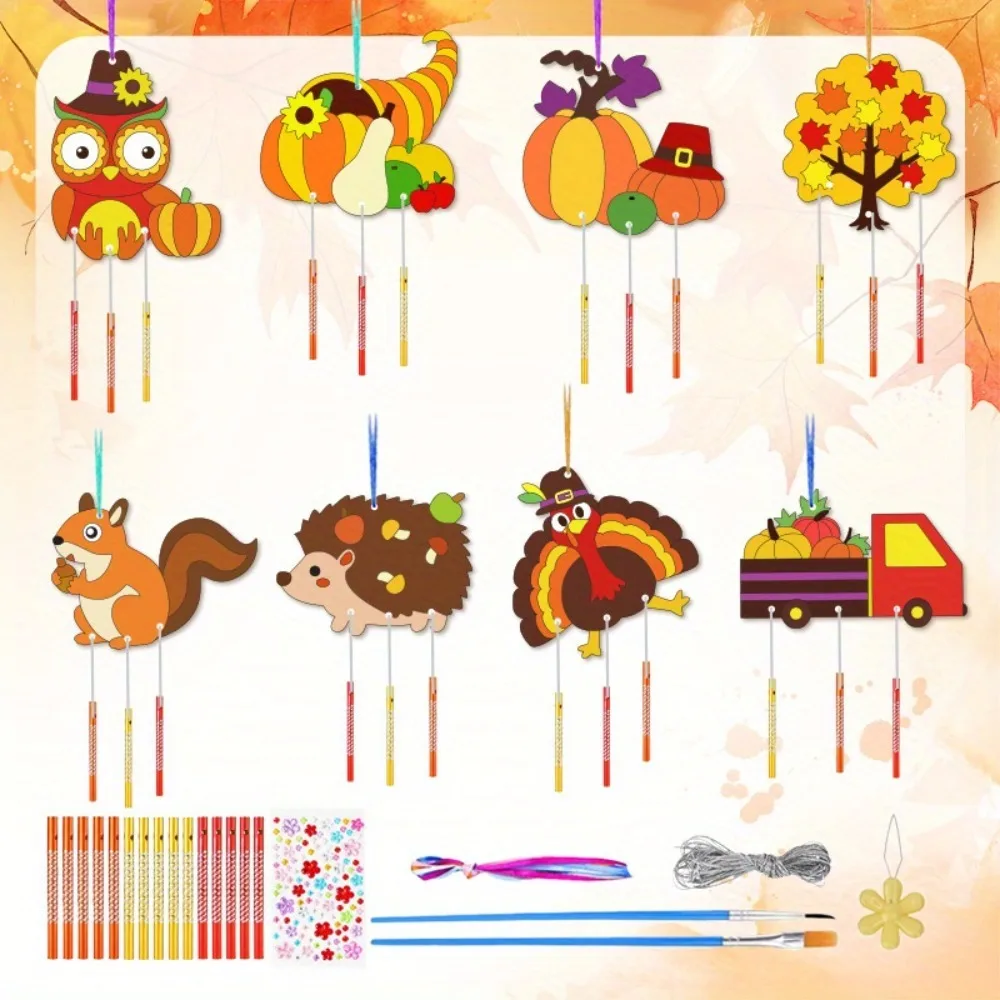 38 Pieces/Set Autumn Thanksgiving Wind Chime Set, Wooden Animal Handmade Hanging Ornaments, Forest-Style Painted Design, DIY Handmade Creation, the Perfect Addition for Autumn Atmosphere at Windows, Doorways, and Courtyards, Suitable for Thanksgiving Autumn Decorations and Holiday Gifts