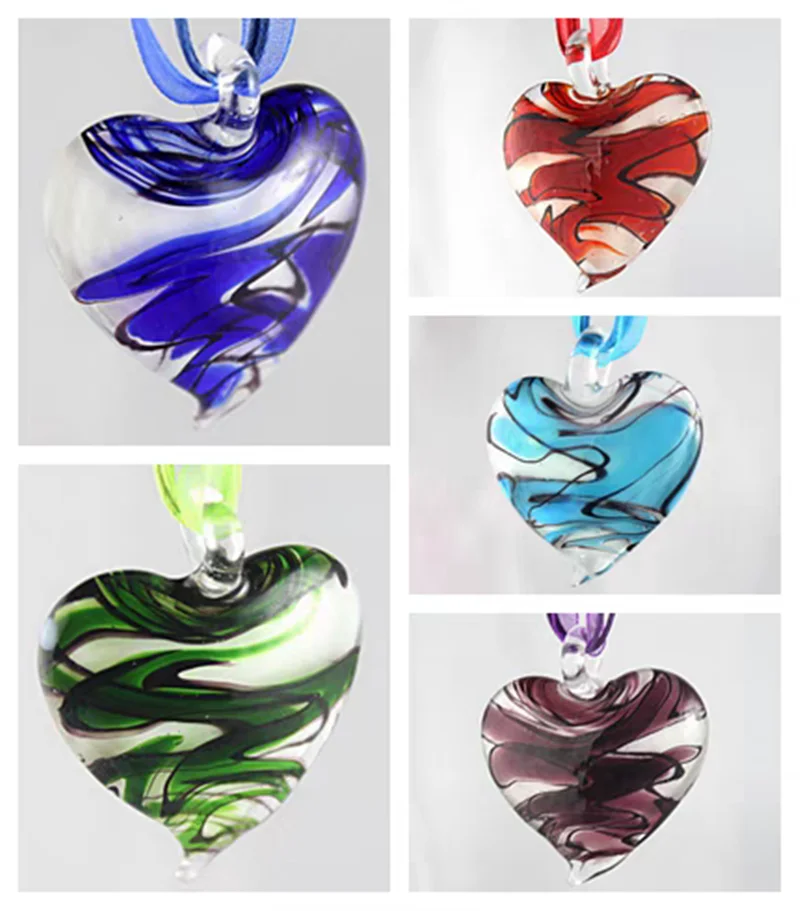 Handmade Glaze Pendant Murano Lampwork Glass Heart Lines Pendant For Women's Necklace Sweater Chain Jewelry