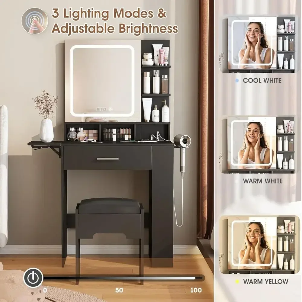 Compact Mirrored Vanity Desk with Lighting and Storage, Desk with Charging Station and Clock, Vanity Set with Chair for Bedroom