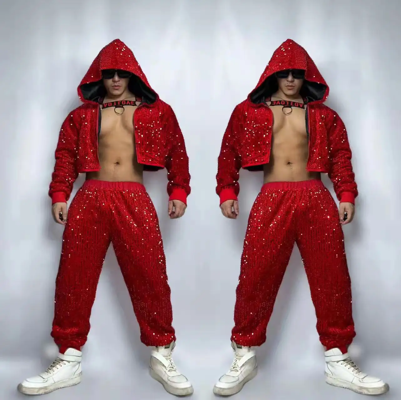 Mannelijke Rood Groen Pailletten Hip Hop Dans Nachtclub Bar Zanger Danser Toneelkostuum Glitter Capuchon Rits Jas Broek 2 stuks outfits