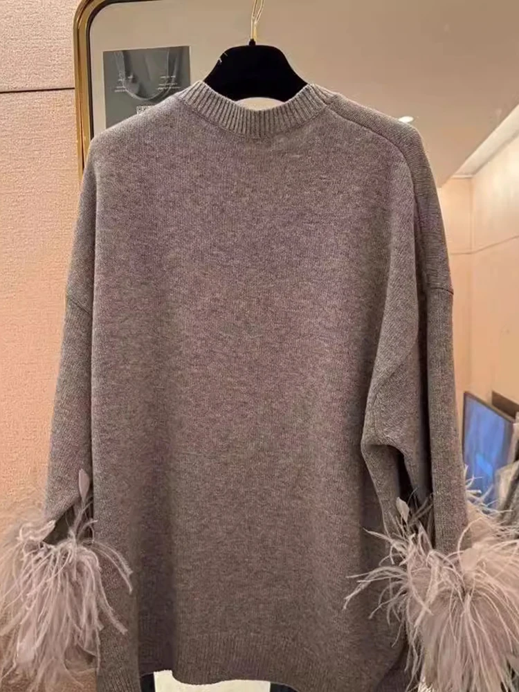 [ZOCI] Grey Style Feather Spliced Knit Sweater High-end Feel, Simple Atmospheric Fashion, Casual Versatile Pullover