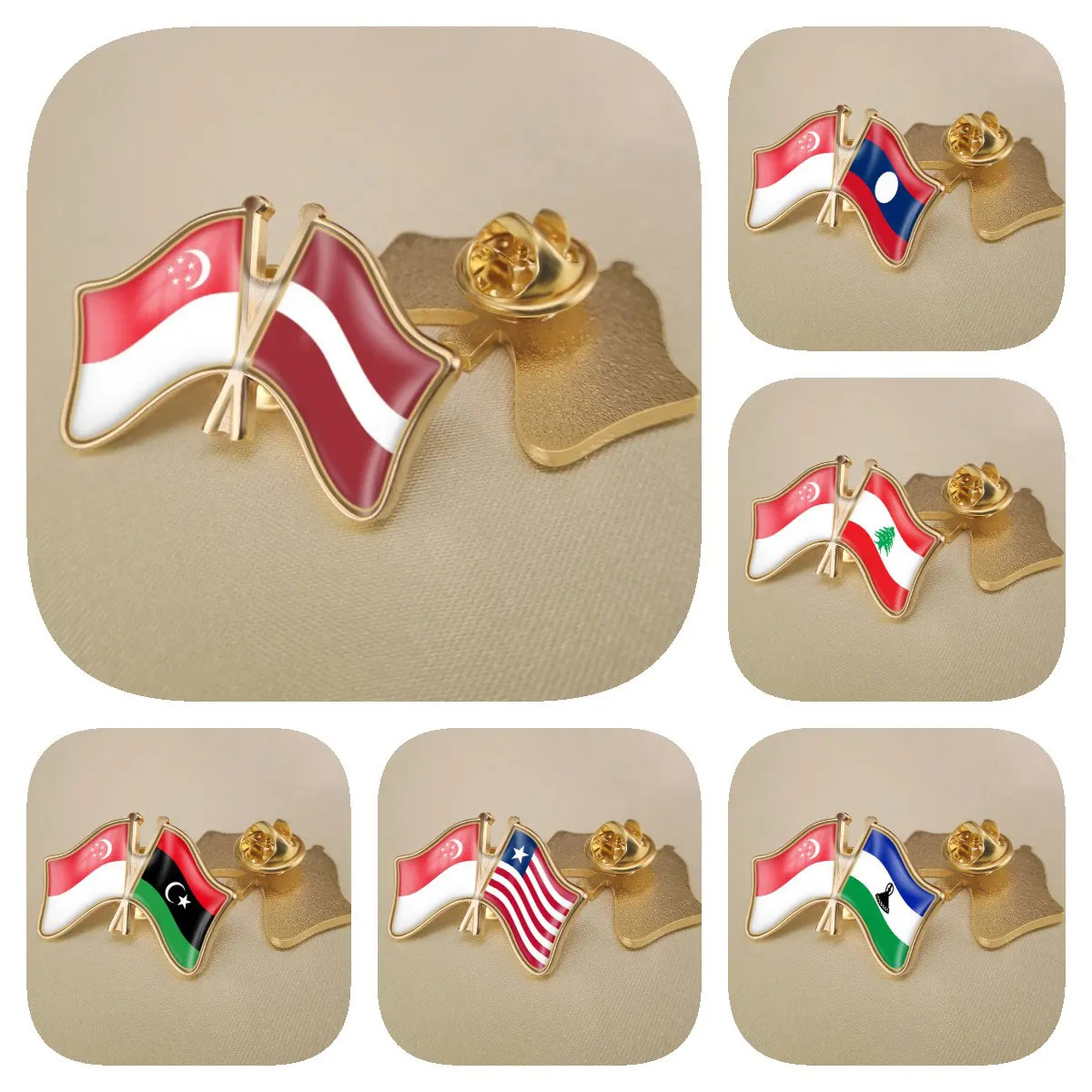 Singapore and Lao People's Democratic Republic Latvia Lebanon Lesotho Liberia Libya Double Crossed Friendship Flags Lapel Pins