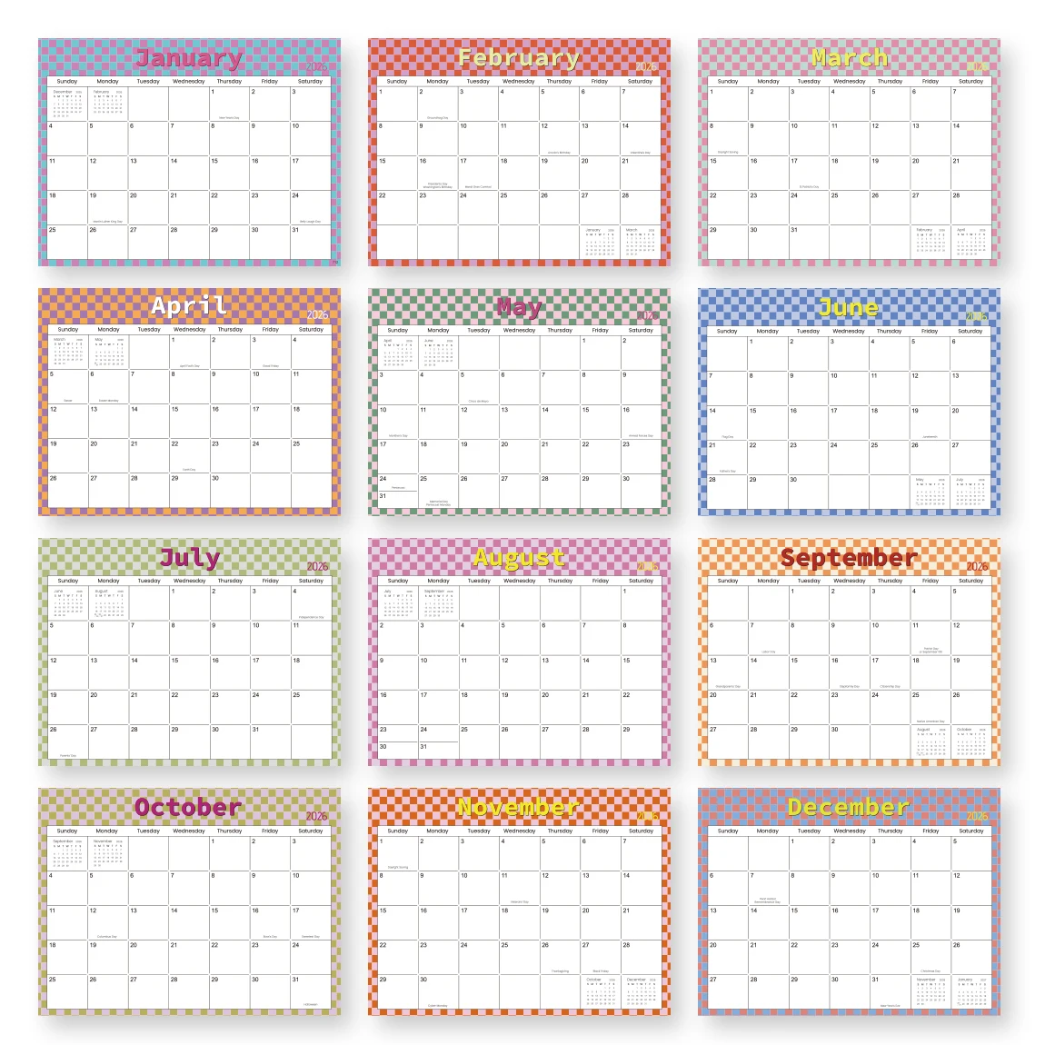 تقويم الثلاجة المغناطيسي الملون لعام 2026 - وسادة مخططة شهرية لمدة 12 شهرًا، تصميم شبكة باستيل لطيف