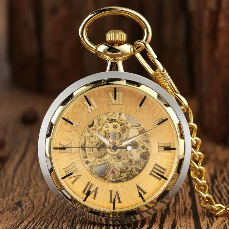 Luxury Yellow Gold Pocket Watch Open Face Design Handwinding Mechanical Watches with Pendant FOB Chain Timepiece