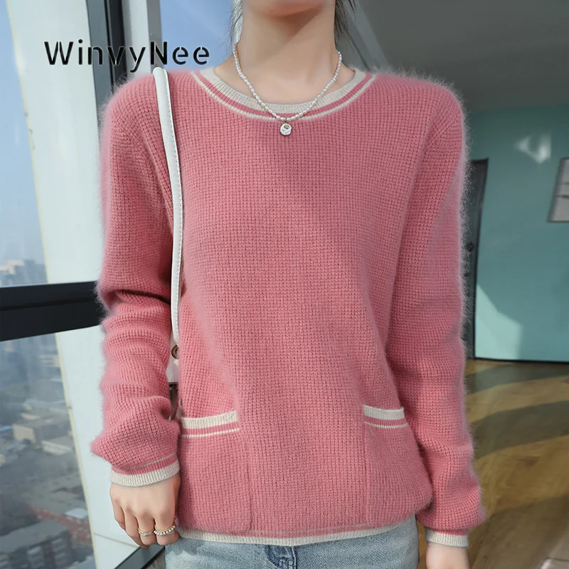 WinvyNee Women Knitted Top Mink Velvet Crew Neck Practical Pockets Brushed Fabric Relaxed Fit Soft Daily Outer Jumper  ZA1248038