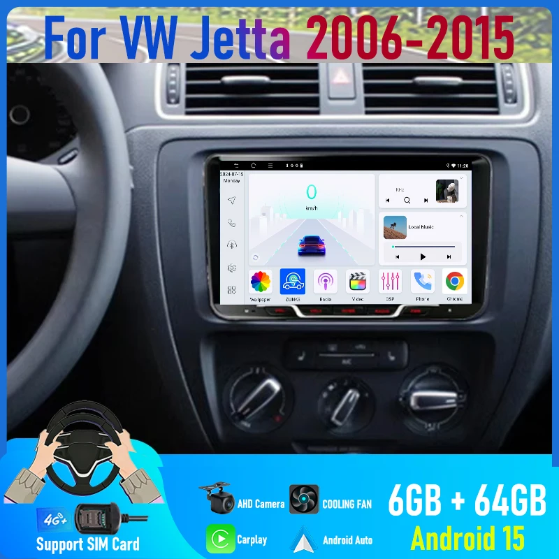 9'' For VW Jetta 2006-2015 Car Radio 4G SIM Carplay Android 15 Auto GPS 2DIN FM Reversing Image Stereo Navi Camera Google Map
