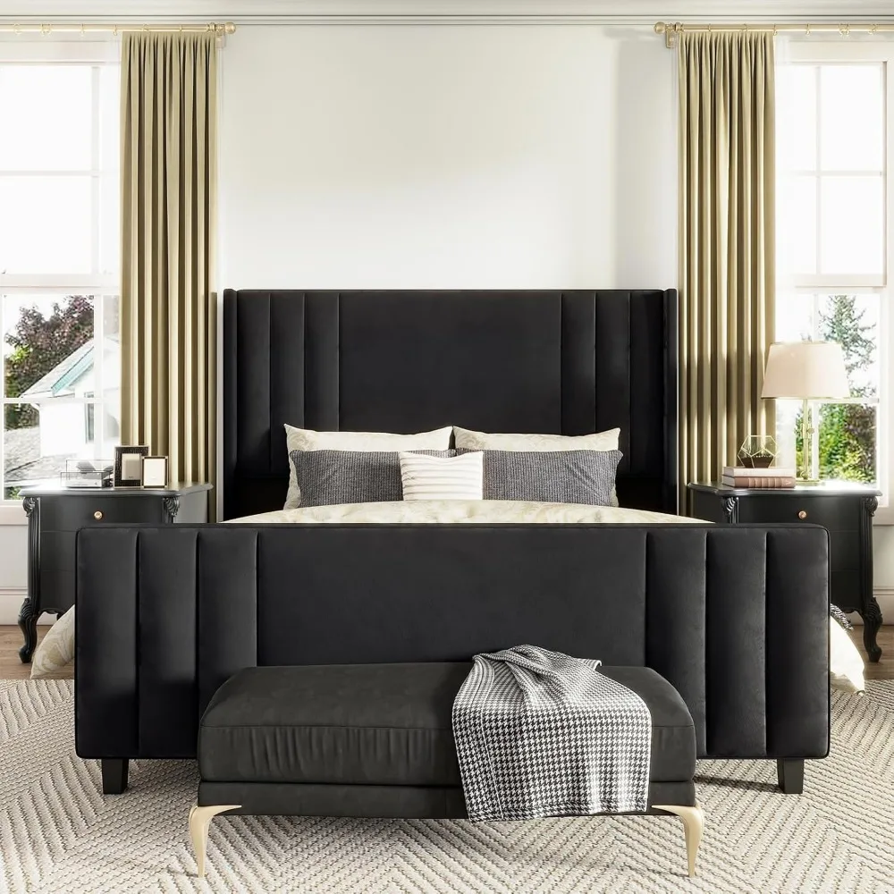 Bed Frame, Velvet Upholstered Platform Bed with Vertical Channel Tufted Headboard & Footboard/Wingback, Bed Frame.