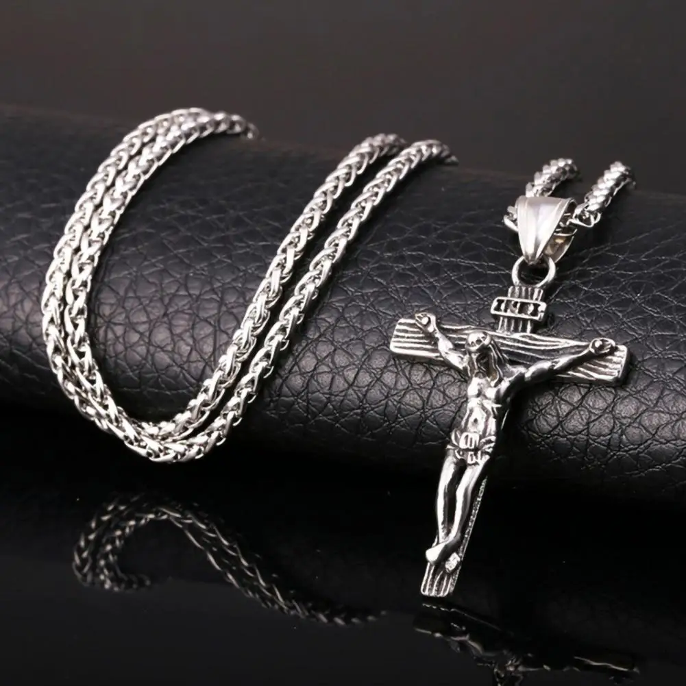 Collar con colgante de cruz de Jesús para mujeres y hombres, cadena católica de Color dorado de acero inoxidable, joyería cruz de acero inoxidable