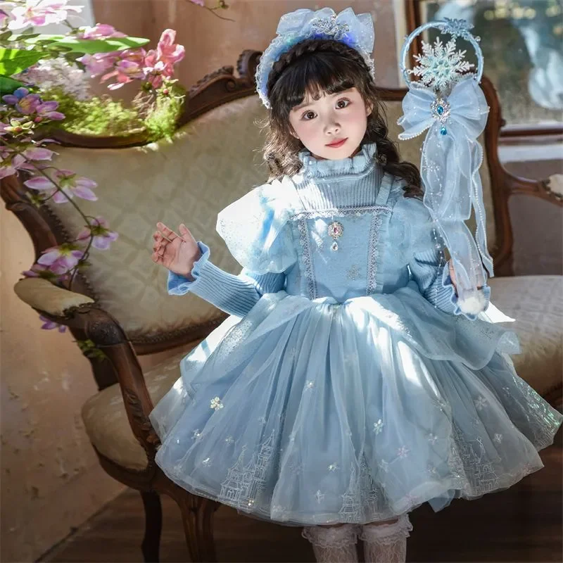 Baby Girls Autumn Winter Sweet Princess Ball Gown Floral Birthday Blue Lolita Sundress+Sweater Chinese Thick Clothes Shiny Dress