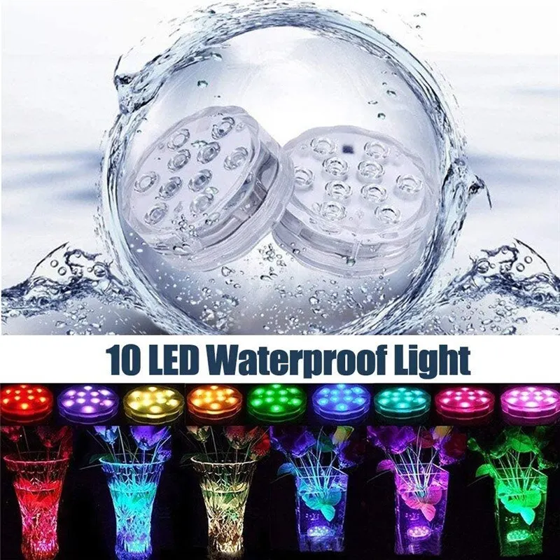 10leds RGB Submersible LED Lights Underwater Night Light Outdoor Swimming Pool Light Tea Light Vase Pond Party Wedding Decor