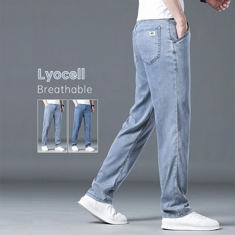 

Летние ультратонкие джинсы из лиоцелла для мужчин: новые свободные брюки из ледяного шелка, комфортные джинсовые штаны, мягкие прямые брюки от известного бренда