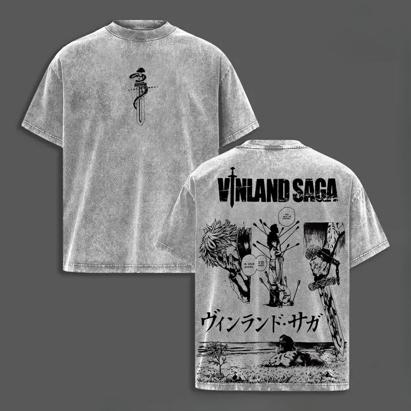 Japanese Manga VINLAND SAGA Thorfinn Graphic T-shirt Vintage Washed Oversized T Shirt Men Women Clothes Cotton Short Sleeve Tee