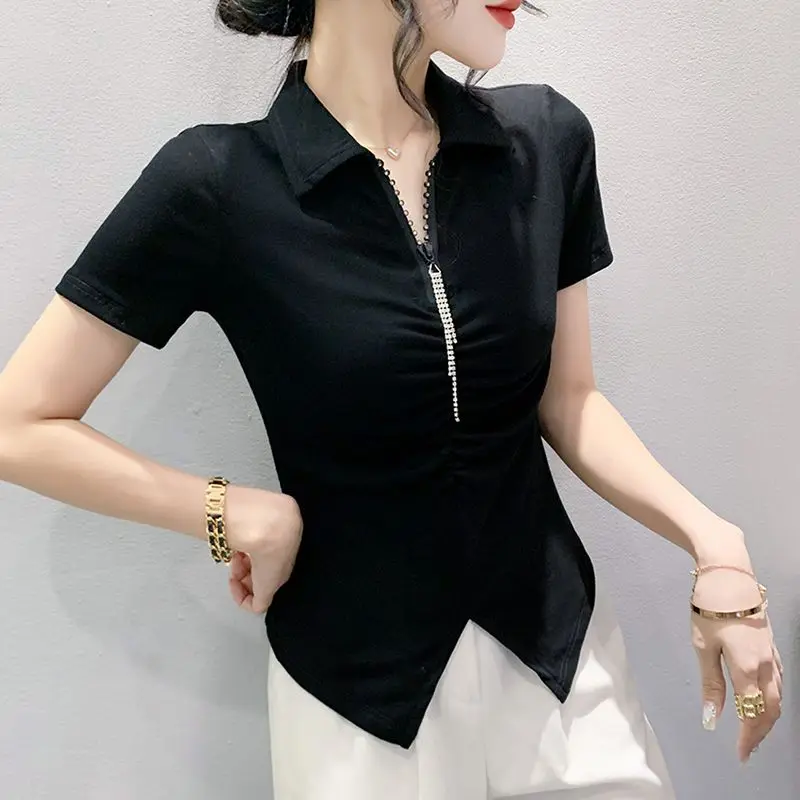 Summer New Design Fashion Korean Temperament Simple Polo Collar Short Sleeve T-shirt Women\'s Zipper Patchwork Folds Slim Fit Top