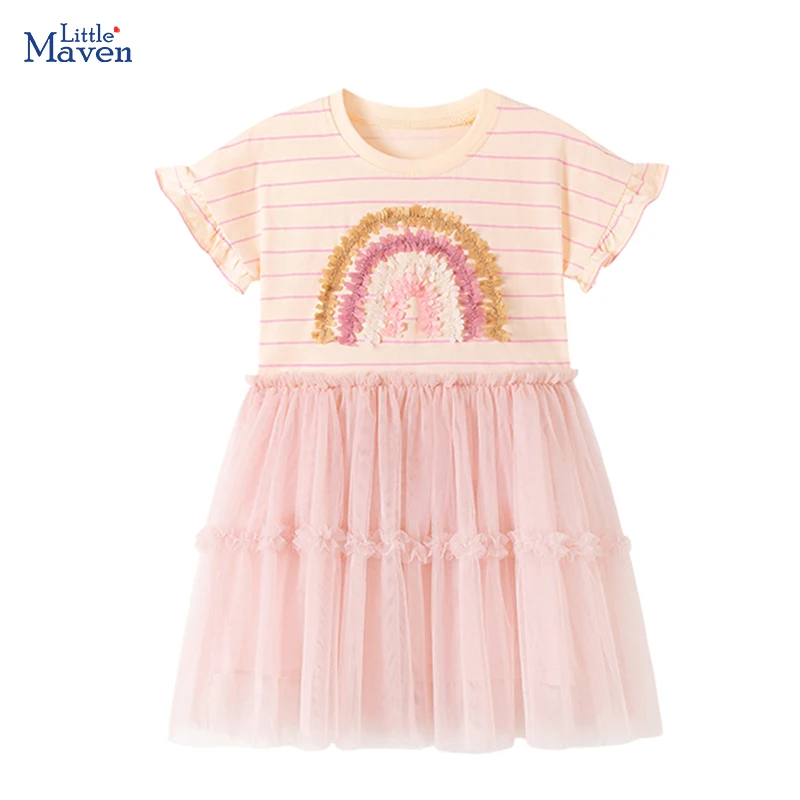 Little Maven Kleid für Babymädchen, Kinderkleidung, Kinderkleidung 2026, neue Cartoon-Regenbogen-Prinzessin-Sommerkleider, 2–7 Jahre