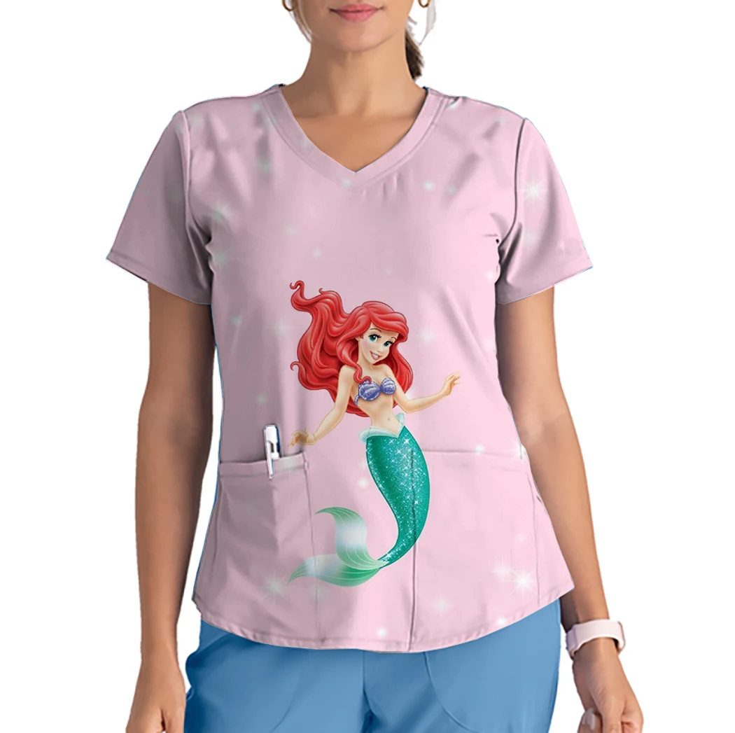Haut à manches courtes et col en V pour femmes, uniforme de travail, chemise de princesse Disney, chemise à imprimé sirène, haut de gIslande d'allaitement, t-shirt décontracté, mode féminine